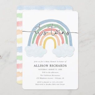 Watercolor pastel rainbow twins baby shower invitation