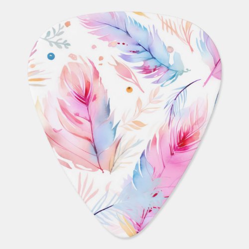 Watercolor Pastel Red Blue Beige Feathers  Guitar Pick