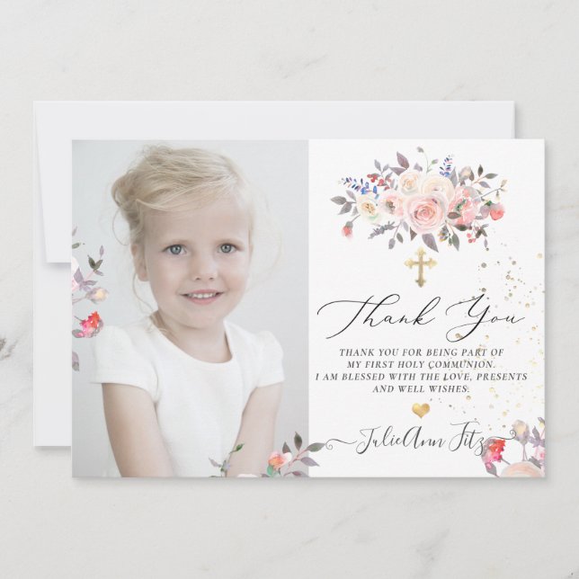 Watercolor Pastel Roses Communion Thank You Invitation (Front)