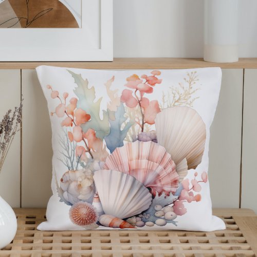 Watercolor Pastel Seashells Throw Pillow