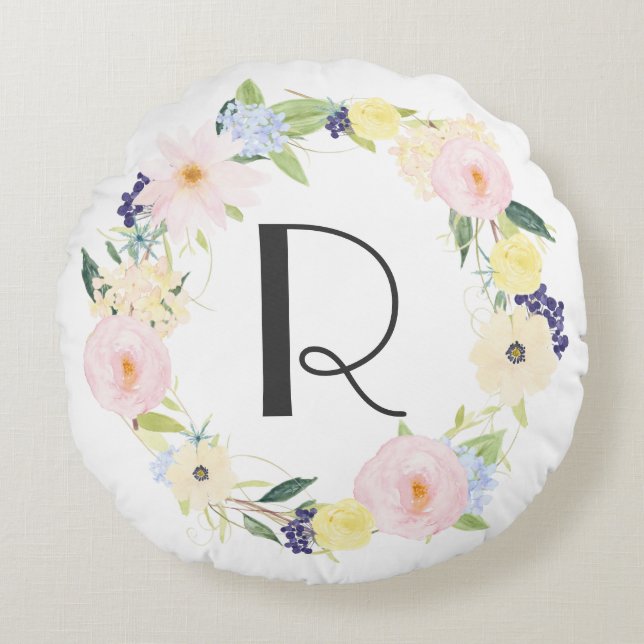 Watercolor Pastel Spring Floral Wreath Monogram Round Pillow (Front)