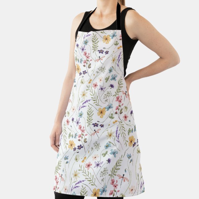 Watercolor Pastel Spring Flowers Floral Pattern Apron (Insitu)