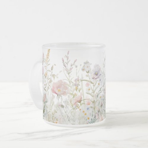 Watercolor Pastel Spring Meadow Wildflowers Frosted Glass Coffee Mug