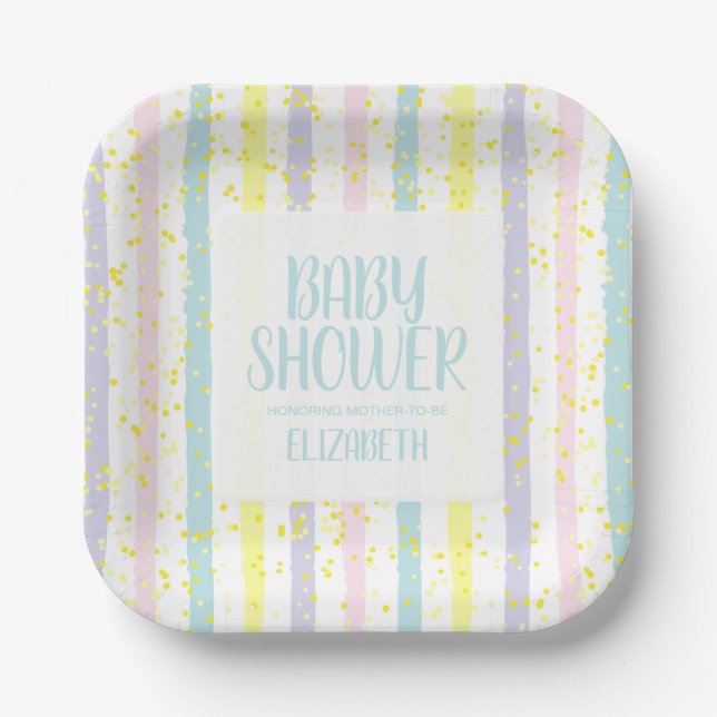 Watercolor Pastel Stripes Boy Baby Shower Paper Plates (Front)