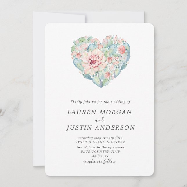 watercolor pastel succulent heart Wedding Invitation (Front)