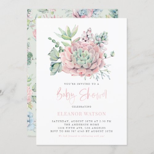 Watercolor Pastel Succulents Baby Shower Invitation