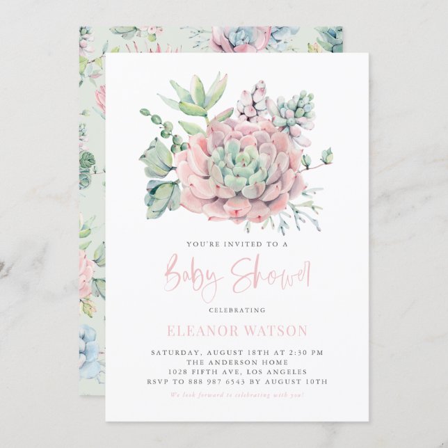 Watercolor Pastel Succulents Baby Shower Invitation (Front/Back)