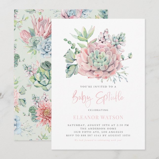Watercolor Pastel Succulents Baby Sprinkle Invitation (Front/Back)