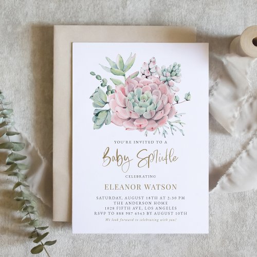 Watercolor Pastel Succulents Baby Sprinkle Invitation