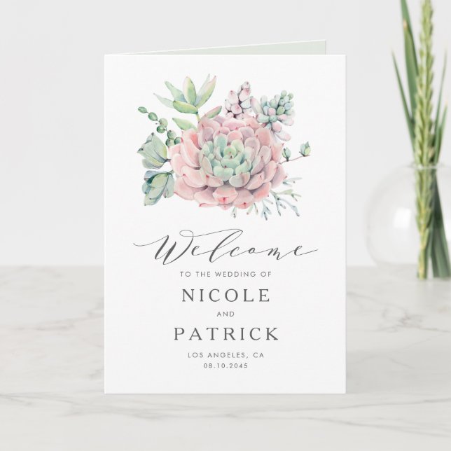 Watercolor Pastel Succulents Bouquet Wedding Program (Front)