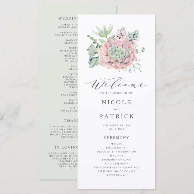 Watercolor Pastel Succulents Bouquet Wedding Program (Front/Back)