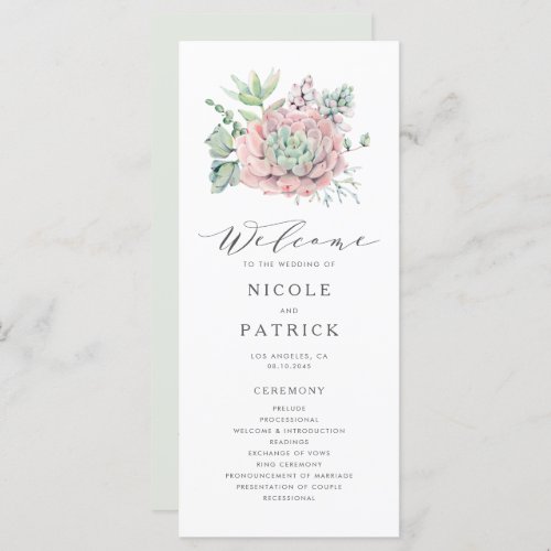 Watercolor Pastel Succulents Bouquet Wedding Program