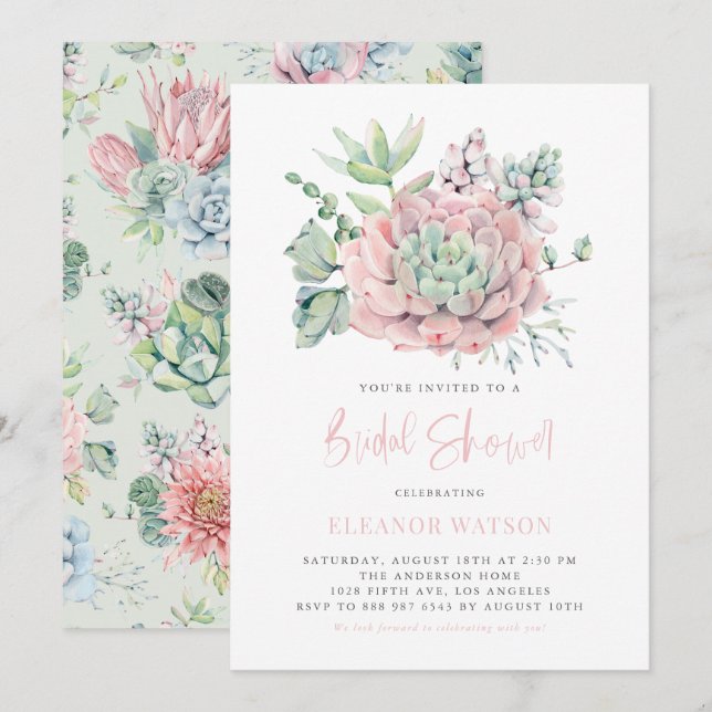 Watercolor Pastel Succulents Bridal Shower Invitation (Front/Back)