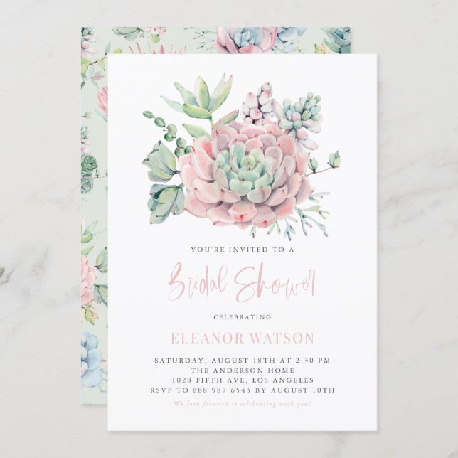 Watercolor Pastel Succulents Bridal Shower Invitation (Front/Back)