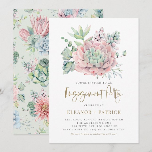 Watercolor Pastel Succulents Engagement Party Invitation (Front/Back)