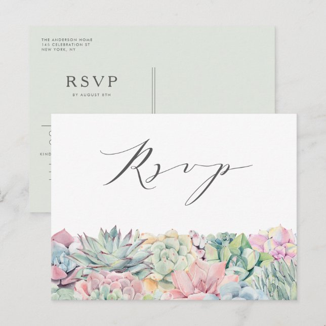 Watercolor Pastel Succulents Garland Wedding RSVP Postcard (Front/Back)