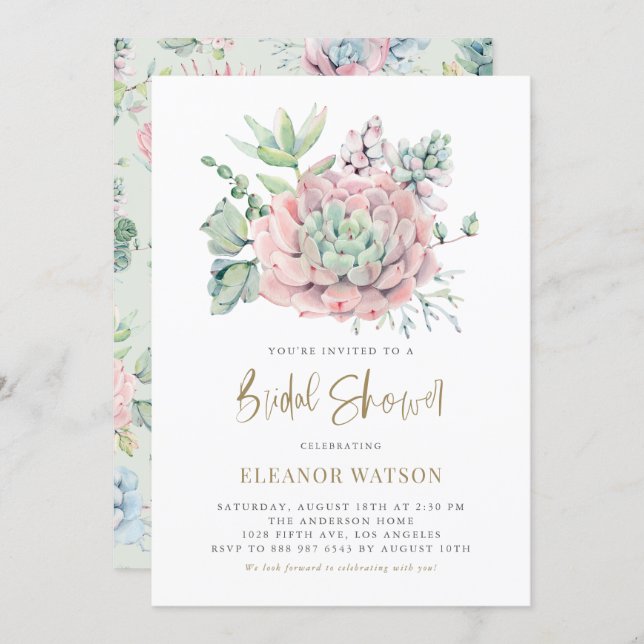 Watercolor Pastel Succulents Summer Bridal Shower Invitation (Front/Back)