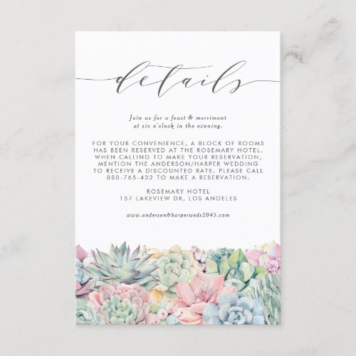 Watercolor Pastel Succulents Wedding Details Enclosure Card