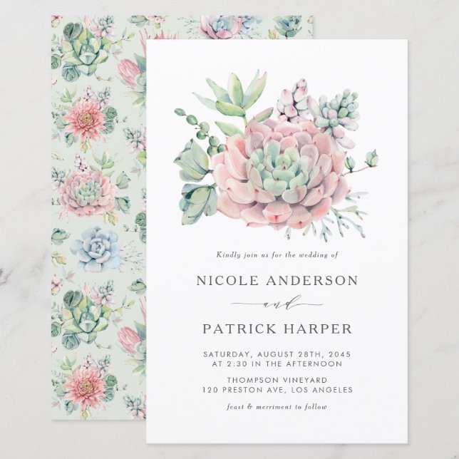 Watercolor Pastel Succulents Wedding Invitation (Front/Back)