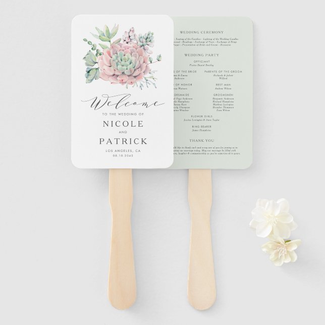 Watercolor Pastel Succulents Wedding Program Hand Fan (Front and Back)