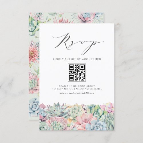 Watercolor Pastel Succulents Wedding QR Code RSVP Card