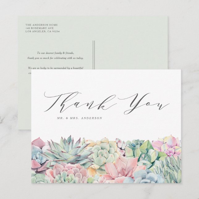 Watercolor Pastel Succulents Wedding Thank You Postcard (Front/Back)