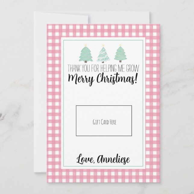 Watercolor Pastel Tree Teacher Christmas Gift Card (Front)