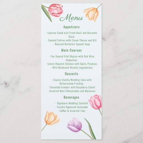 Watercolor Pastel Tulip Flowers Spring Wedding Menu