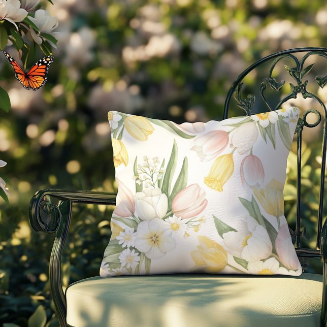 Watercolor Pastel Tulips Daffodils Spring Throw Pillow (Creator Uploaded)