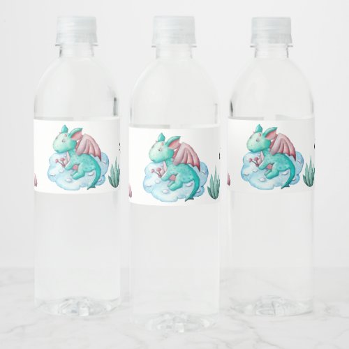 Watercolor Pastel Turquoise Dragon Baby Shower  Water Bottle Label