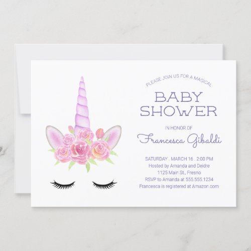 Watercolor Pastel Unicorn and Rainbow Baby Shower Invitation