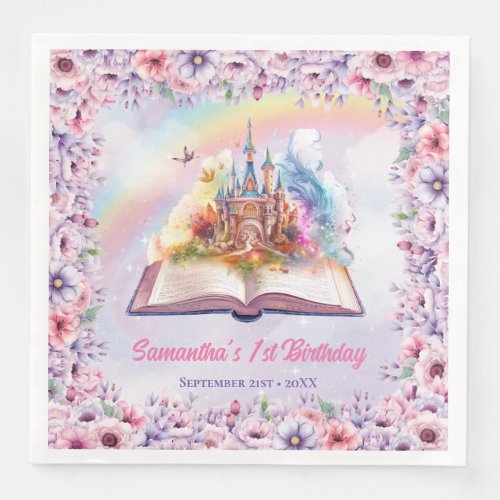 Watercolor Pastel Unicorn Girl Birthday magic book Paper Dinner Napkins