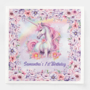 Watercolor Pastel Unicorn Girl Birthday Paper Dinner Napkins