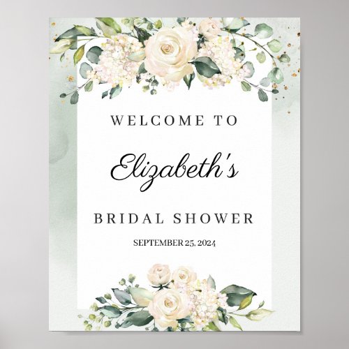 Watercolor pastel white roses bridal shower poster