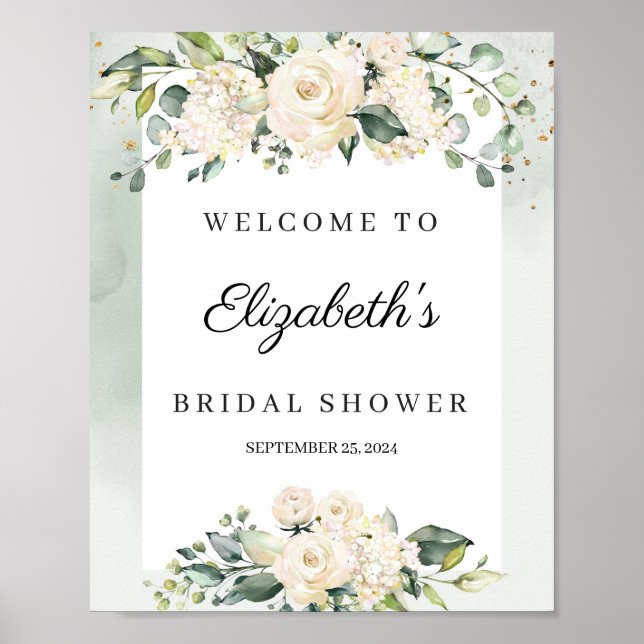 Watercolor pastel white roses bridal shower poster (Front)