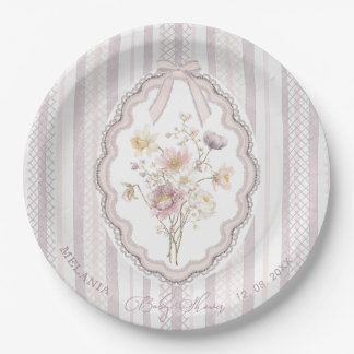 Watercolor pastel wildflower bow lace baby show Paper Plates
