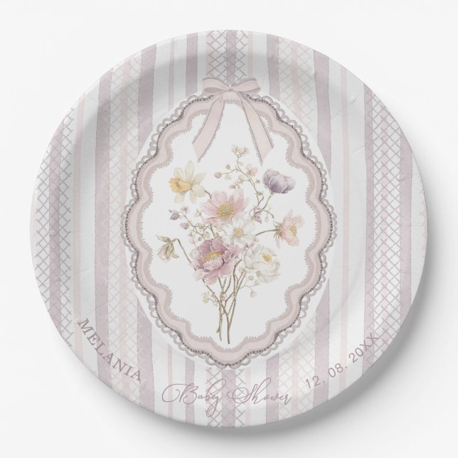    Watercolor pastel wildflower bow lace baby show Paper Plates (Front)