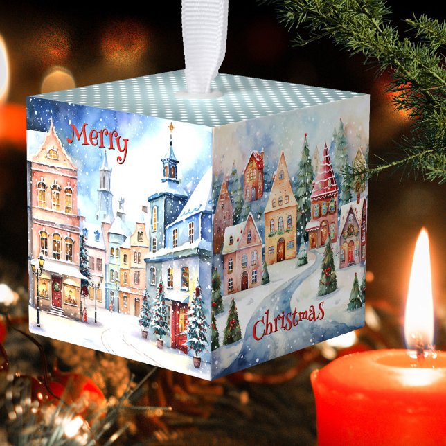 Watercolor Pastel Winter Christmas Cube Ornament (Elegant cube ornament featuring a pastel snow covered watercolor town with Christmas trees.)