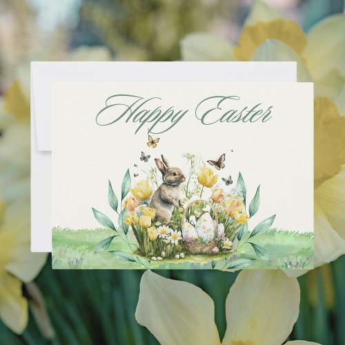 Watercolor Pastel Yellow Tulips Bunny Happy Easter Note Card