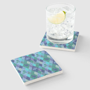 Watercolor Patchwork Dragon in Blue and Green Stone Coaster