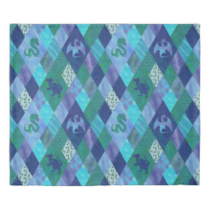 Watercolor Patchwork Dragon in Blue and Green Tape Duvet Cover