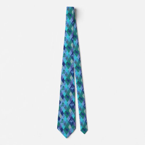 Watercolor Patchwork Dragon in Blue and Green Tape Neck Tie