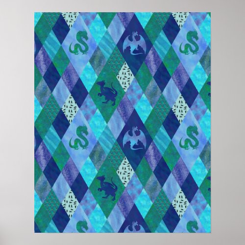 Watercolor Patchwork Dragon in Blue and Green Tape Poster