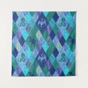 Watercolor Patchwork Dragon in Blue and Green Tapestry