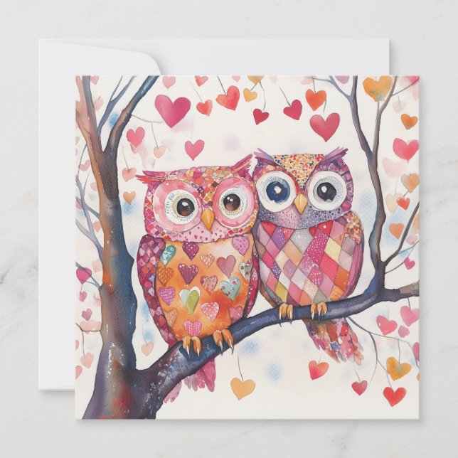 Watercolor Patchwork Owl Pair Valentine Holiday Card (Front)