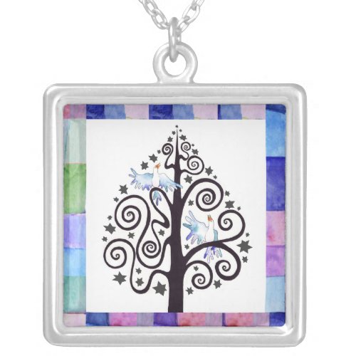 WATERCOLOR PATCHWORK TREE Silver Gift Necklace