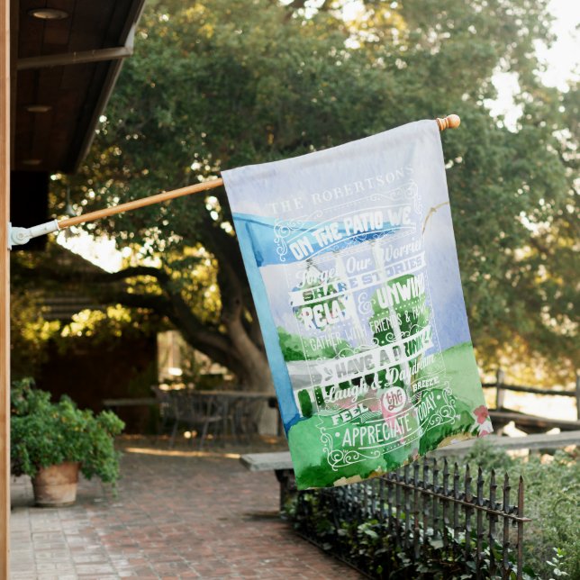 Watercolor Patio Rules | Monogram House Flag (In SItu)