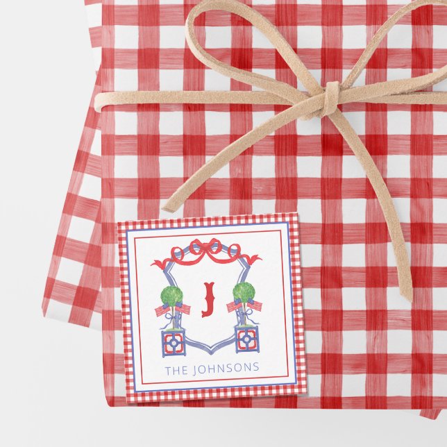 Watercolor Patriotic American Flag Topiary Crest Note Card (Creator Uploaded)