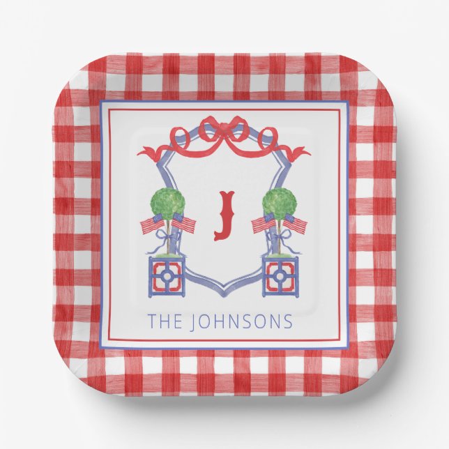 Watercolor Patriotic American Flag Topiary Crest Paper Plates (Front)