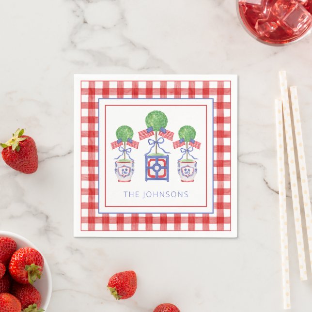 Watercolor Patriotic American Flag Topiary Napkins (Insitu)